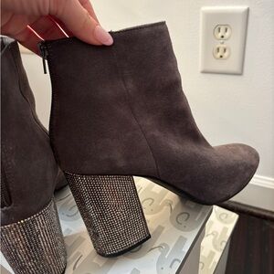 Dark gray booties with rhinestones on heel!